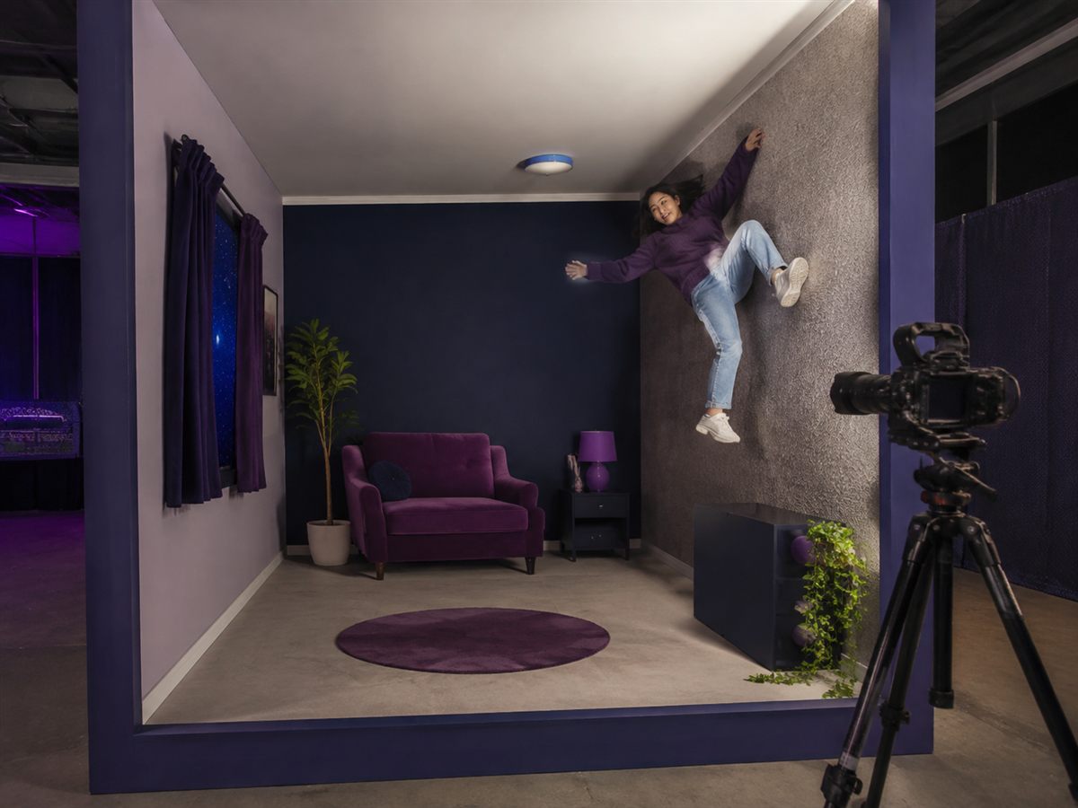 Rotated-room photo set creating a practical anti-gravity illusion