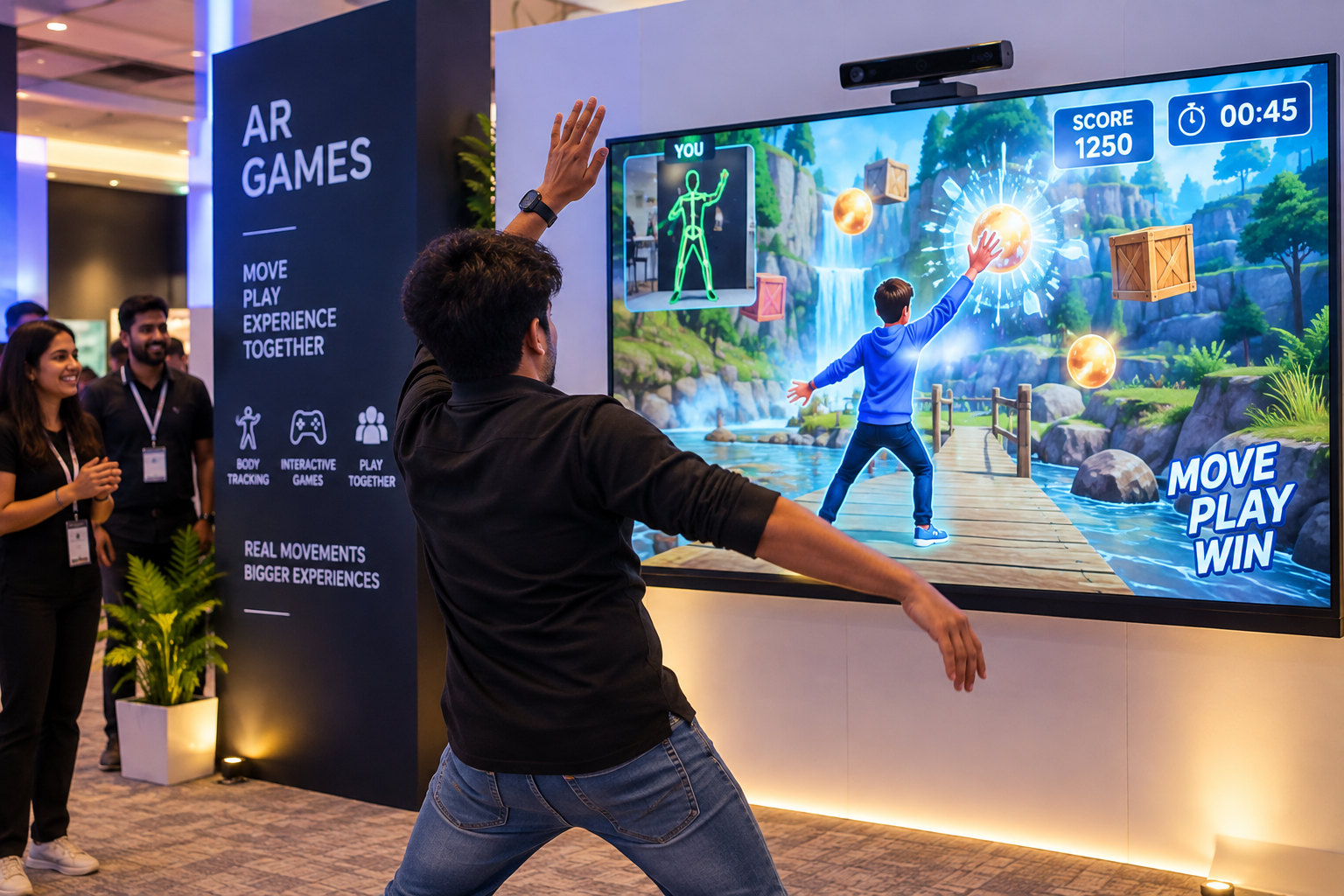 Guest using a tablet to interact with an AR game anchored to a floor marker