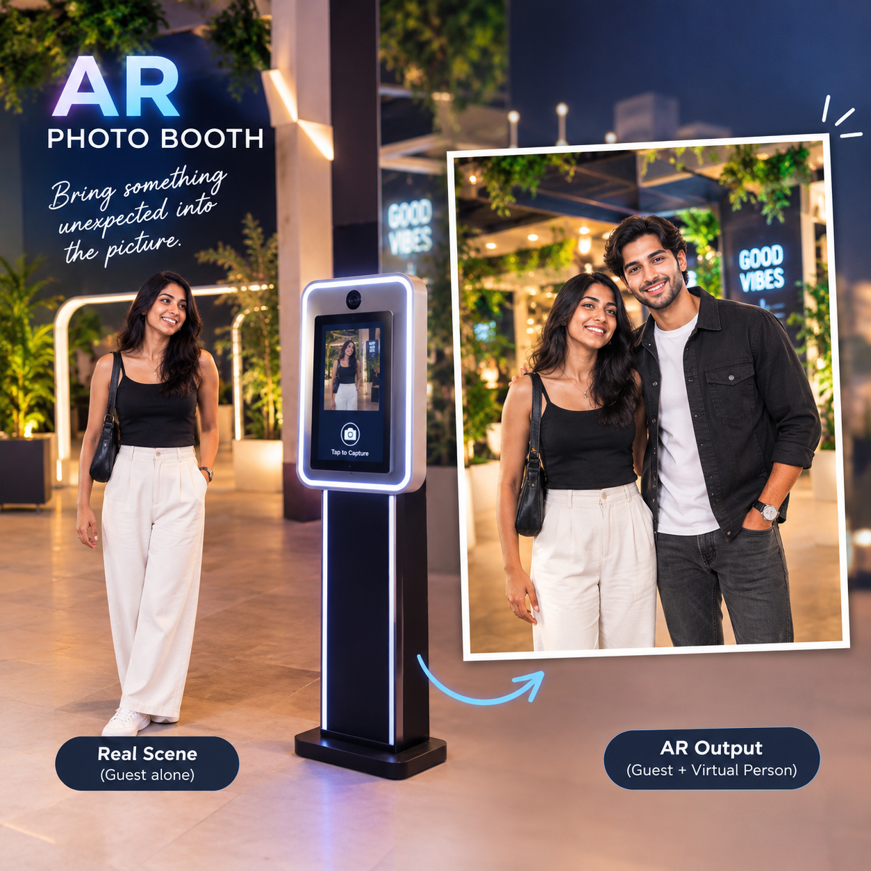 Guest at an AR photo booth with digital overlays visible on the result screen