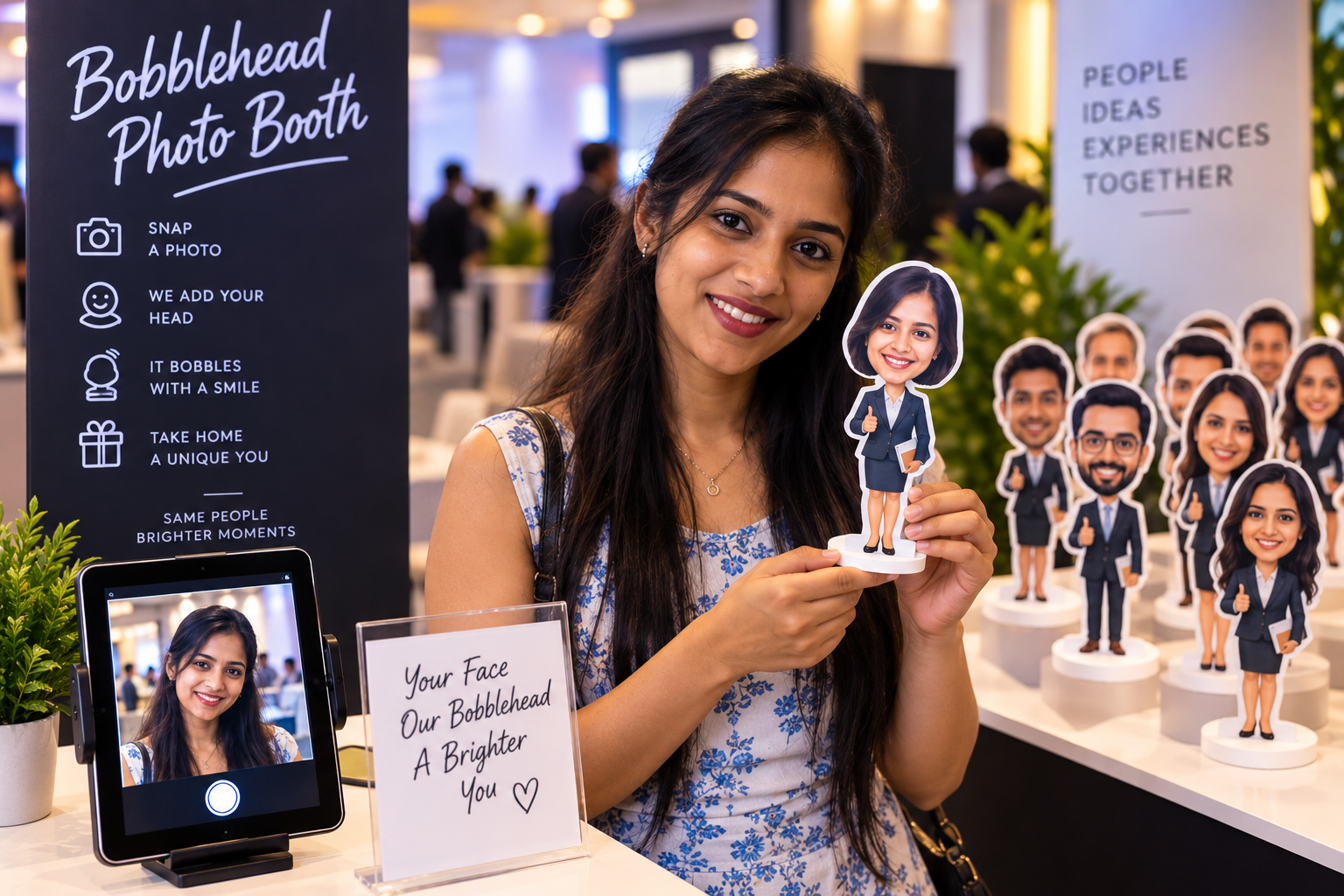 Guest viewing a bobblehead-style digital portrait on a screen