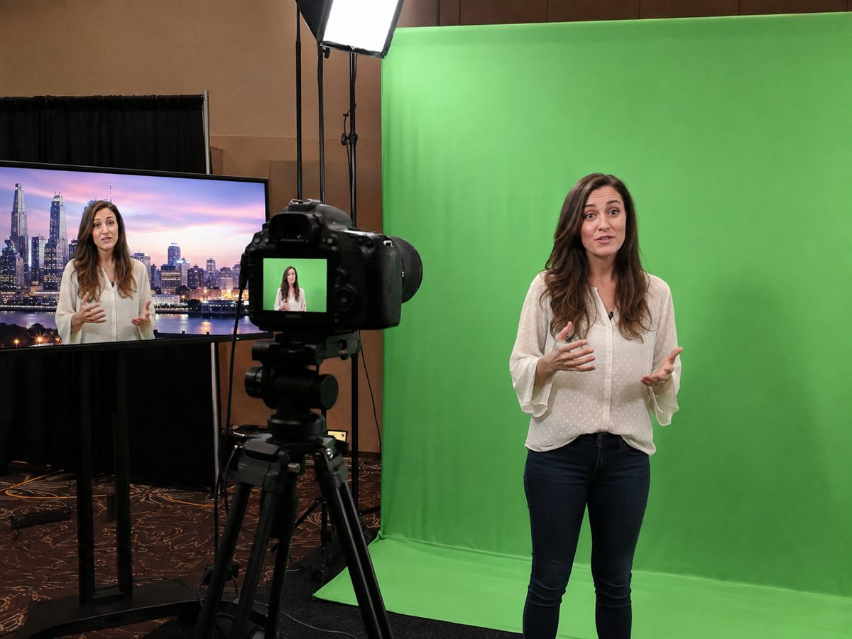 Guest recording video in front of a practical green screen