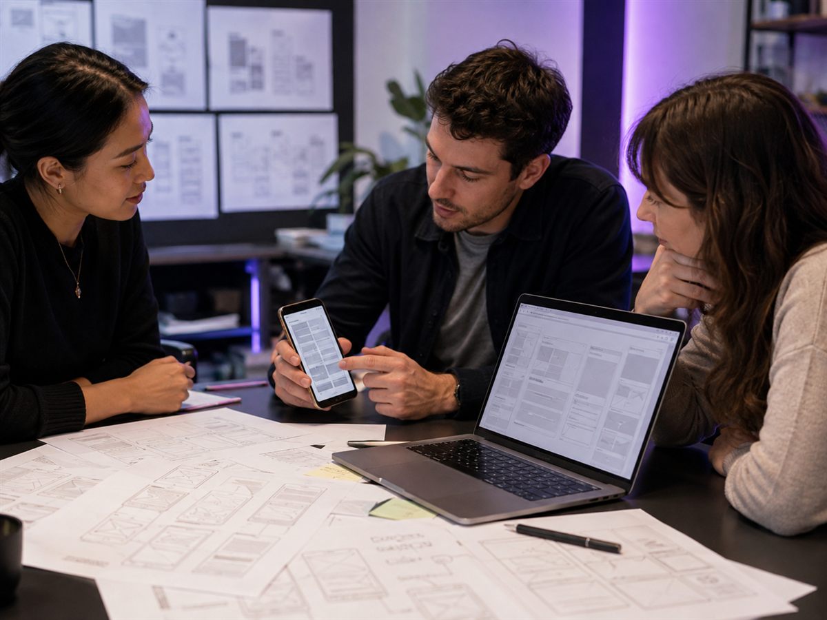 Product team reviewing neutral mobile event-app wireframes
