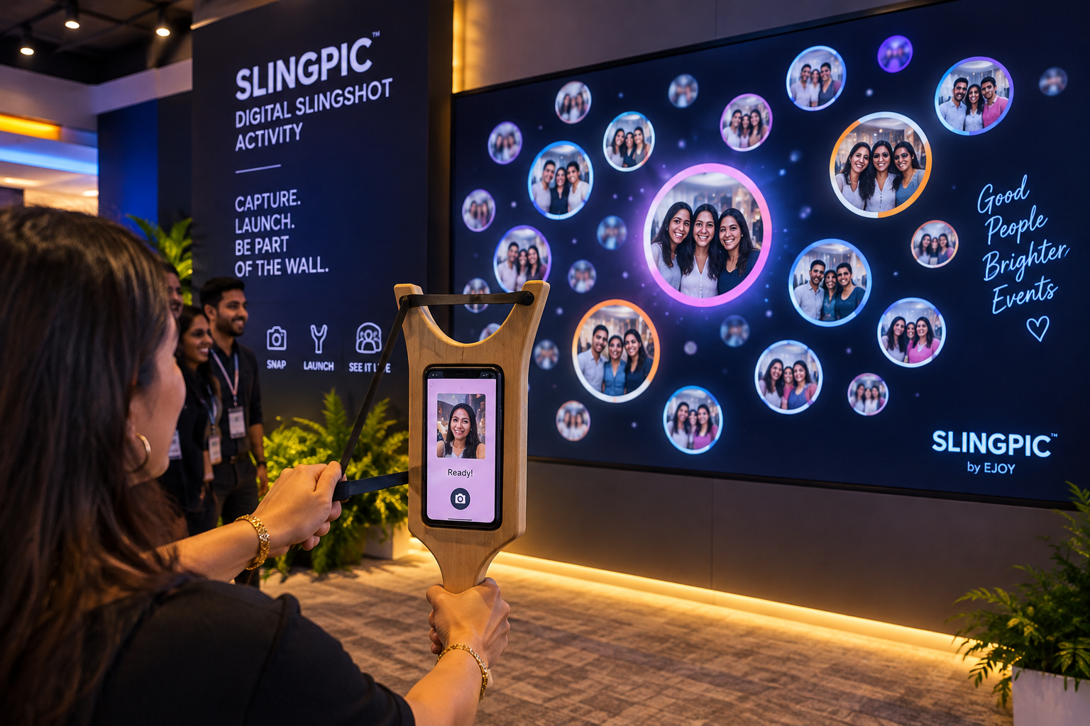 Guest using a safe slingshot-style controller with a digital target screen