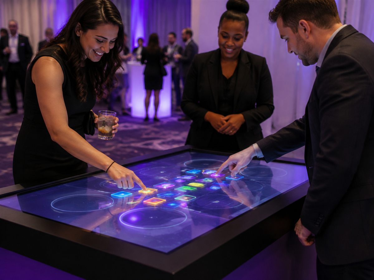 Guests playing a practical game on a large touchscreen table