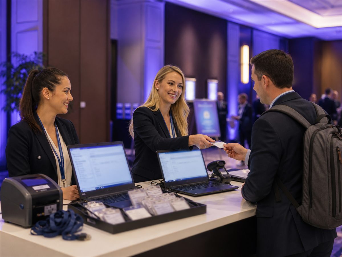 Professional event registration desk with laptops and badge printer