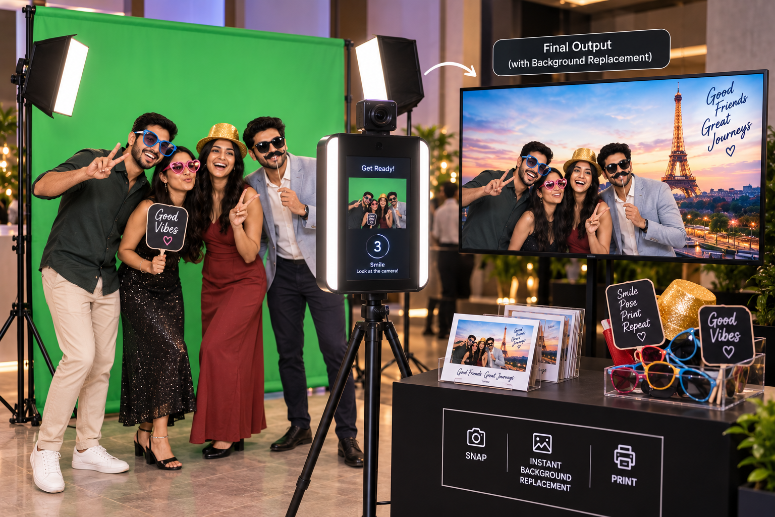 Guest posing at a practical green-screen photo booth setup