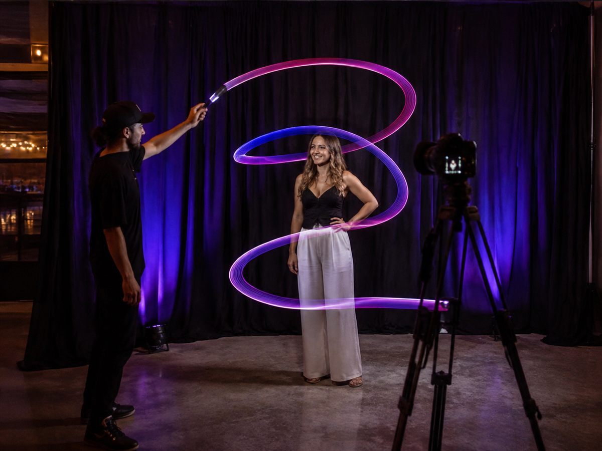 Guest photographed with a real long-exposure light trail