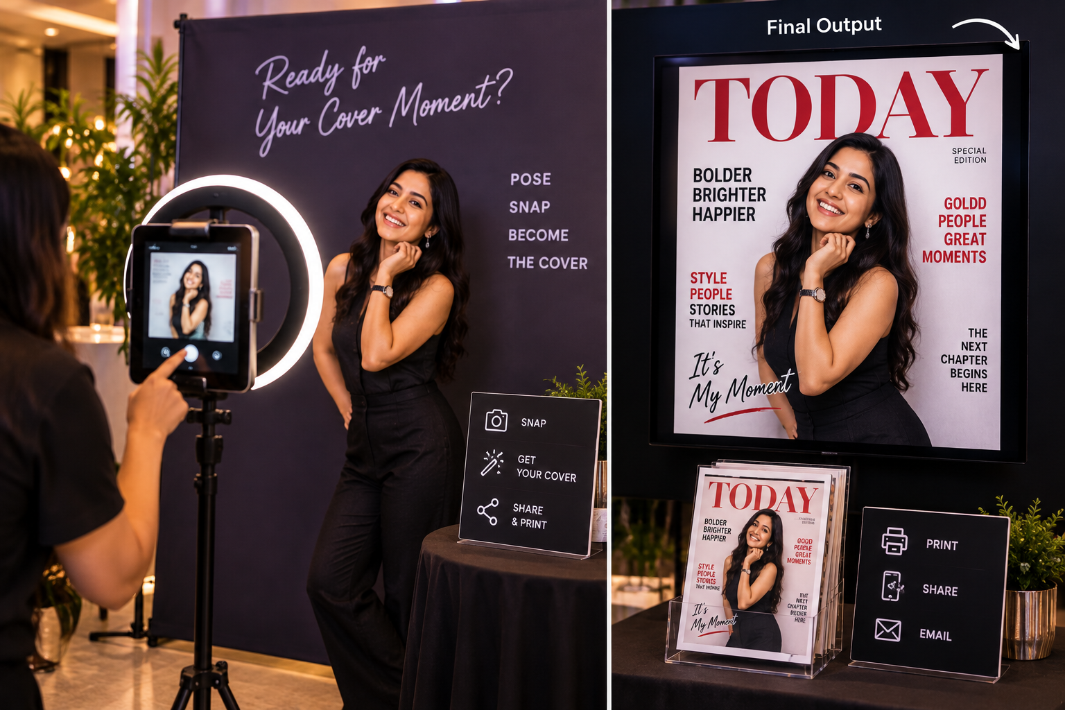 Guest positioned inside a physical magazine-style photo frame