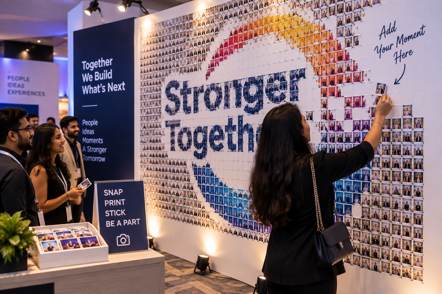 Attendants placing printed guest-photo tiles onto a physical mosaic board