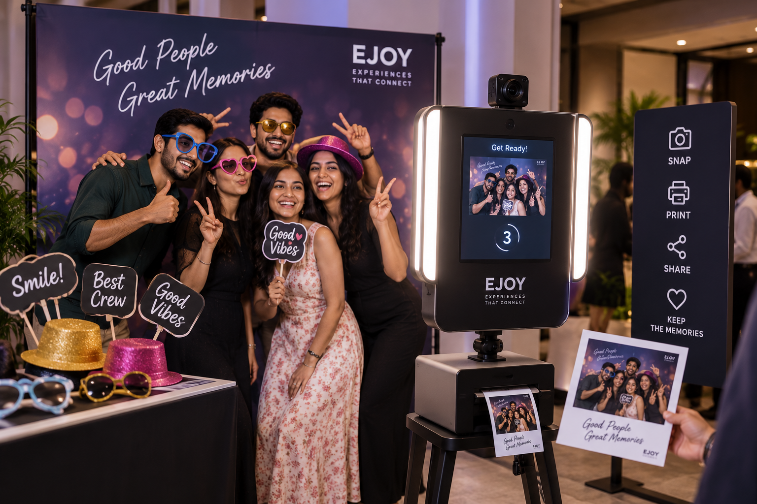 Guest posing at a compact open-air selfie photo booth