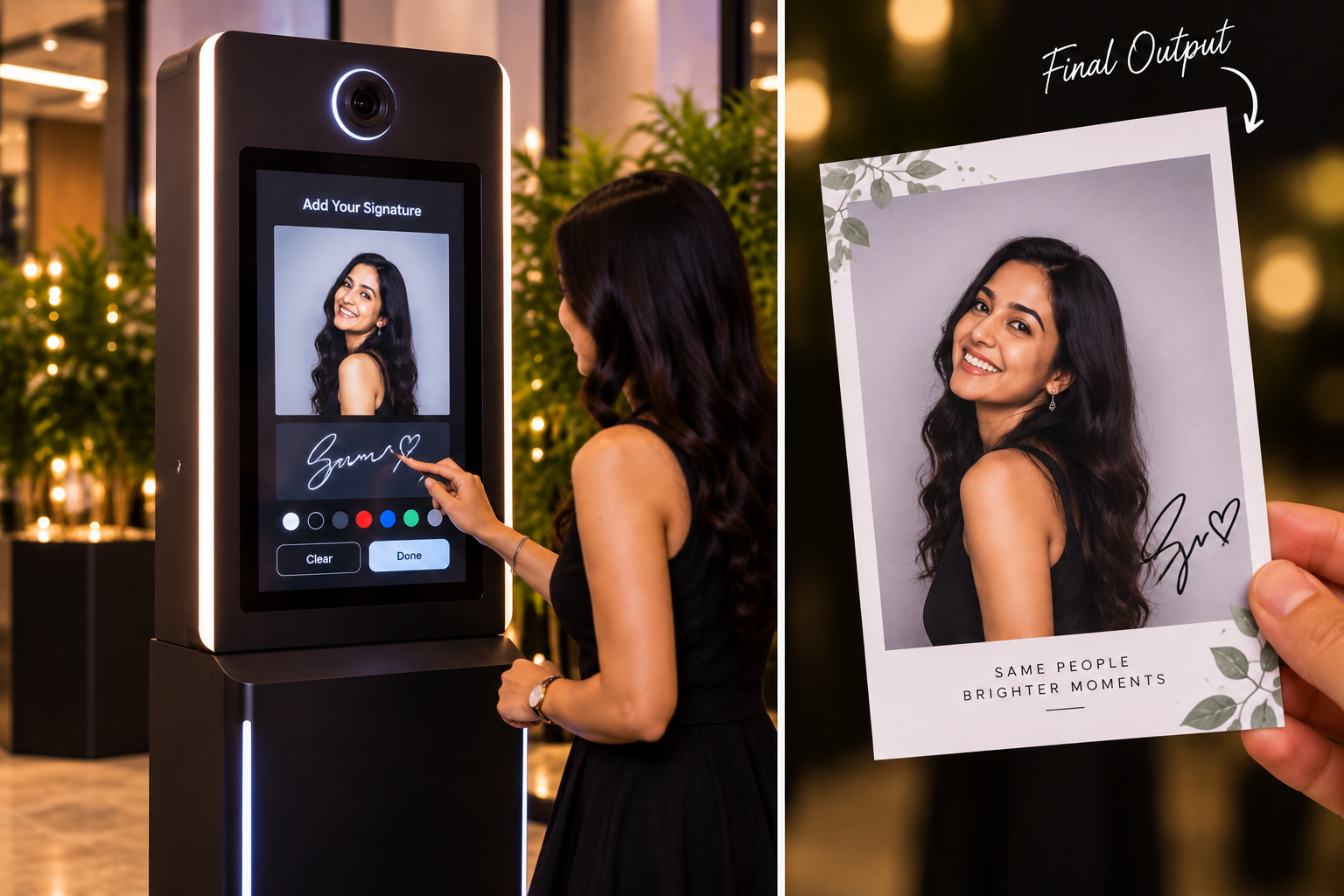 Guest adding a handwritten message to a booth portrait with a stylus