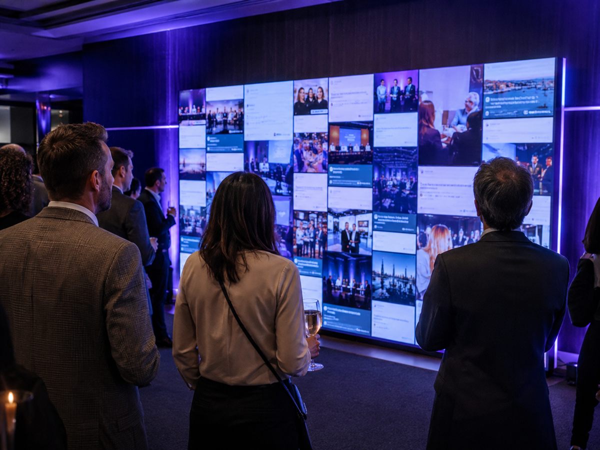 Event guests viewing a moderated live content wall