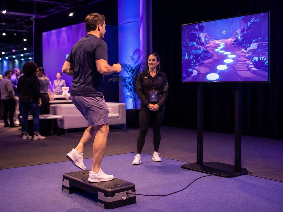 Guest using a compact step platform connected to a digital progress game