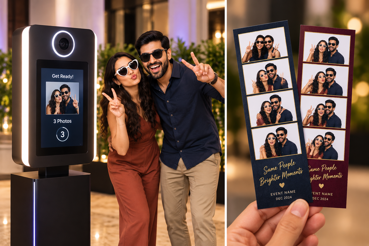 Guests holding a printed vertical photo strip beside a booth