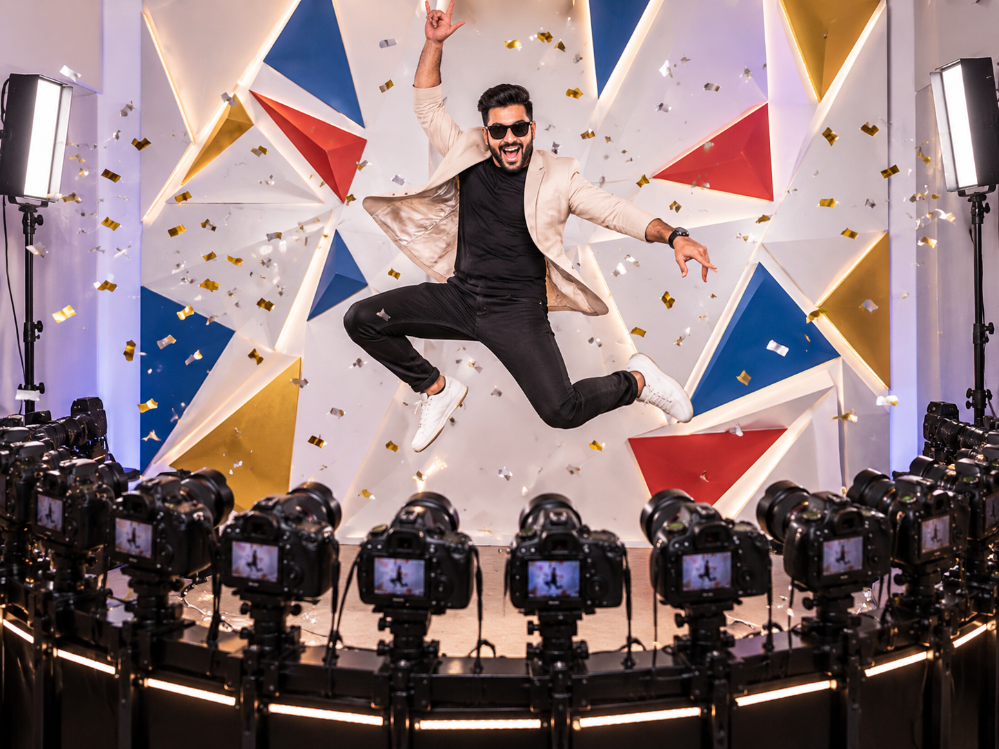 Guest posing inside a believable curved multi-camera array