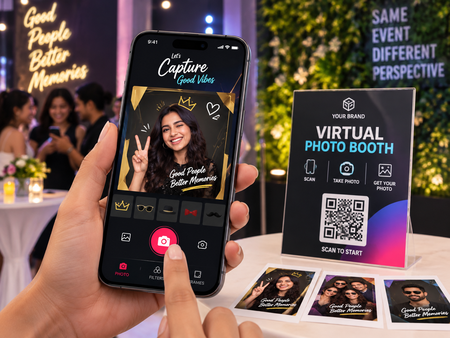 Guest using a remote photo booth through a phone and laptop