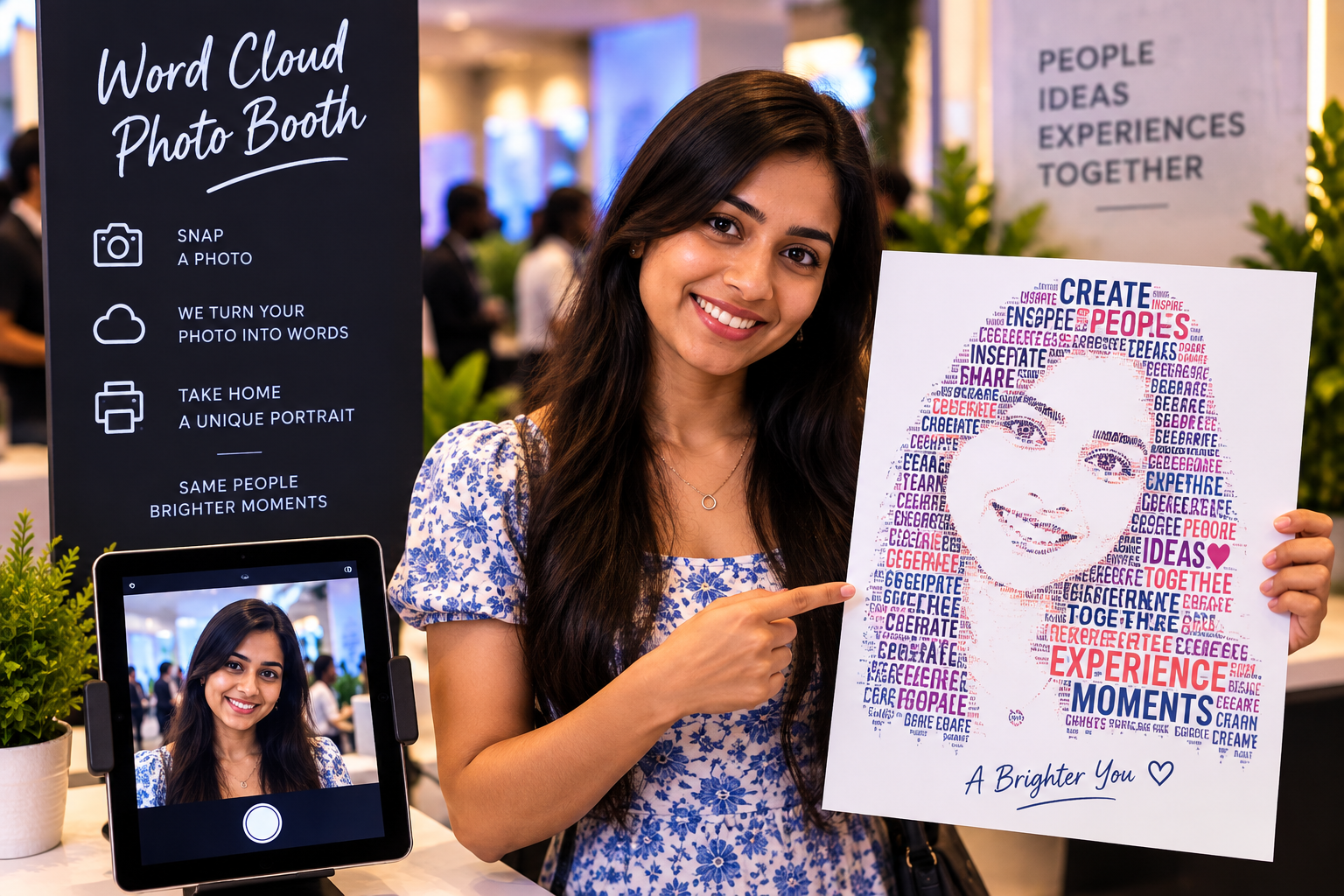 Guest viewing a portrait formed from many small words